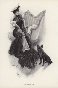 Nainen soittamassa iltapäiväpuhelua (litho) tekijältä Harrison Fisher
