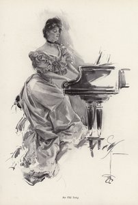 Nainen soittaa kappaletta pianolla (litho)