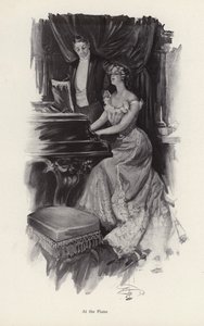 Nainen laulaa pianolla (litho) tekijältä Harrison Fisher