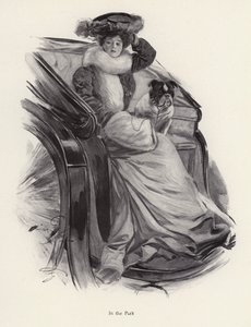 Nainen istuu vaunuissa koiransa kanssa (litho) tekijältä Harrison Fisher