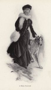 Nainen ulkoiluttaa karkeaa collie-koiraansa talvella (litho) tekijältä Harrison Fisher