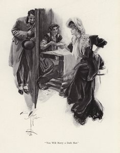 Nuori nainen, jonka tulevaisuudesta kertoi mustalainen (litho) tekijältä Harrison Fisher