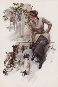 Nuori nainen ratsastustottumuksessaan istumassa koiriensa kanssa (väri litho) tekijältä Harrison Fisher