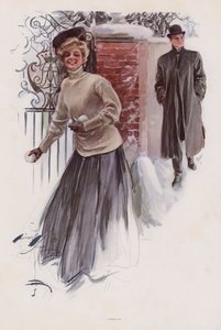 Nuori nainen odottaa heittääkseen lumipalloja miestä kohti (väri litho) tekijältä Harrison Fisher