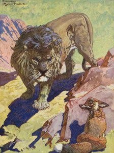 Aisopoksen sadut: Kettu ja leijona (värilitografia). tekijältä Harry (1878 1950) Rountree