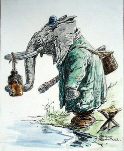 Elefantti lähtee kalastamaan (kynä, muste, vesiväri ja hiili paperille) tekijältä Harry Rountree