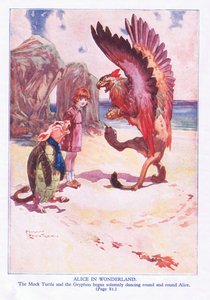 Pilkakilpikonna ja Gryphon alkoivat juhlallisesti kasvot ympäri ja ympäri Alicea (väri litho)