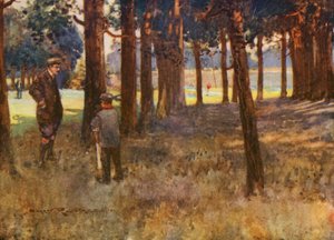 Golfkentät: Mildenhall, tulos huonosta slicestä kuudennella (värilitografia).