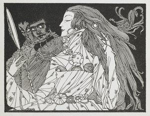 Kuvitus tarinaan "Cinderella". Nainen katselee heijastustaan käsipeilistä tekijältä Harry Clarke