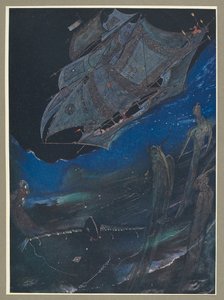 Kuvassa laiva merellä ja kala sen alla. tekijältä Harry Clarke