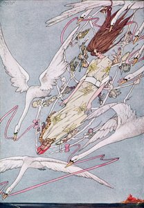 "Ja koko päivä he lensivät eteenpäin", Hans Christian Andersenin kuvitus Wild Swansista tekijältä Harry Clarke