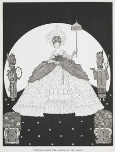 "Toinen kuun värinen mekko". Tarinan kuvitus, "aasinahka". Kaunis prinsessa pitelee aurinkovarjoa, kaksi palvelijaa seisoo hänen molemmin puolin. tekijältä Harry Clarke