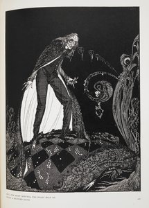 Mutta useiden minuuttien ajan sydän hakkasi vaimealla äänellä. Kuvitus novellelle, "paljastava sydän". Kertoja tukahduttaa vanhaa miestä omassa sängyssä. tekijältä Harry Clarke