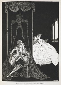 "Hän luuli, että prinsessa oli hänen kuningattarensa." Tarinan kuvitus, "aasi-nahka". tekijältä Harry Clarke