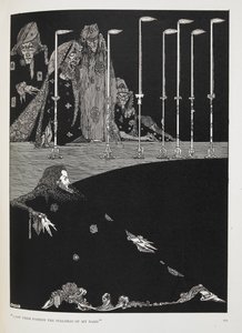 "Näin heidän muovaavan nimeni tavuja." Tarinan kuvitus "kuoppa ja heiluri". tekijältä Harry Clarke