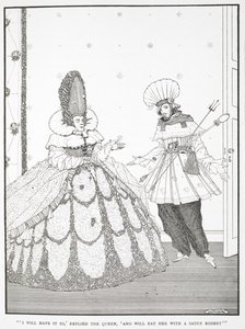 "Minä syön sen niin", vastasi kuningatar, "ja syön hänet Robert-kastikkeen kanssa." Kuvitus tarinalle "nukkuva kaunotar puussa". tekijältä Harry Clarke
