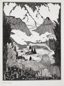 Kuvitus tarinaan "Landorin mökki". Vuoristoinen maisema. tekijältä Harry Clarke
