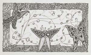 Kuvitus tarinalle Riquet tupsulla. Perhosmalli. tekijältä Harry Clarke