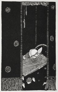 Kuvitus tarinalle "nukkuva kaunotar puussa". Prinsessa Ruusunen sängyllään. tekijältä Harry Clarke