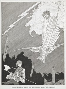"Jupiter ilmestyi hänen eteensä heilutellen mahtavia salamuksiaan." Kuvitus "naurettavista toiveista". tekijältä Harry Clarke