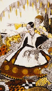 Seitsemän koirapäivää annamme kulua ja nimettiin Queens in Glenmacnass". "Queens", yhdeksän lasipaneelia hapotettu, petsattu ja maalattu, kuvitus J.M. Syngen runo, 1917 tekijältä Harry Clarke