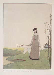 "Hän kävelee - iloni rouva - lampaiden paimen." Alice Meynellin kuvitus paimentyttärelle. tekijältä Harry Clarke