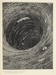 "Vene näytti roikkuvan, ... suuren ympärysmittaisen suppilon sisäpinnalla." Kuvitus tarinalle "A Descent into the Maelstrom". tekijältä Harry Clarke