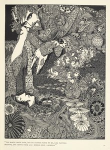"Maa tummui, ja sen hahmot kulkivat ohitseni kuin lentävät varjot... Morella." Kuvitus tarinalle "Morella". tekijältä Harry Clarke