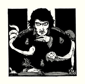 Edgar Allan Poen kirjan Tales of Mystery and Imagination nimiölehden kuvitus (värilitografia). tekijältä Harry Clarke