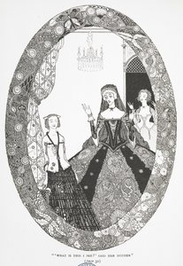 "Mitä tämä on, minä näen?" sanoi hänen äitinsä." Kuvitus tarinalle "keiju". tekijältä Harry Clarke