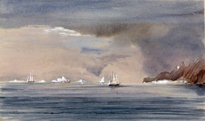 Kap Hornin edustalla (Chile) olevat jäävuoret ja HMS Tribunen siluetti. Vara-amiraali Harry Edmund Edgellin (1809-1876) maalaus, akvarelli 1856. tekijältä Harry Edmond Edgell