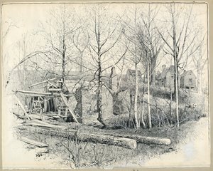 Piirros, Gainesin myllyn nykyinen näkymä itään päin, 1885. tekijältä Harry Fenn