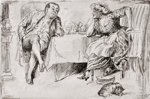 Clemency ja Britannia. "Te ette koskaan mene naimisiin, tiedäthän", sanoi herra Britain. "Etkö kuitenkaan usko, että tulen koskaan?" sanoi Clemency. "Ei ole mahdollista!" "Ajattele vain!" sanoi Clemency. "No! Oletan, että tarkoitat Britanniaa, jonakin näis tekijältä Harry Furniss