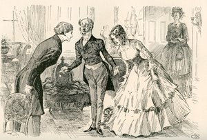 David tapaa Doran ja neiti Murdstonen. "Herra Copperfield, tyttäreni Dora ja tyttäreni Doran luottamuksellinen ystävä, neiti Murdstone!". Harry Furnissin kuvitus Charles Dickensin romaanille David Copperfield The Testimonial Editionista, julkaistu 19. tekijältä Harry Furniss