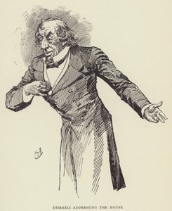 Disraeli puhumassa parlamentille tekijältä Harry Furniss