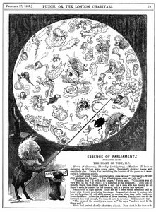 Eduskunnan olemus: Sarjakuva eduskunnan vuoden 1883 ensimmäisen istunnon avajaisista (puukaiverrus) tekijältä Harry Furniss