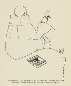 Aubrey Beardsleyn suunnittelema kutsukortti Bodley Headin vihkiäiselle Smokelle tekijältä Harry Furniss