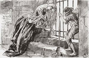 Lady Dedlock ja Jo. "Hänet laitettiin sinne", Jo sanoo pitäen kiinni tangoista ja katsoen sisään, kun taas Lady Dedlock kutistuu nurkkaan. Harry Furnissin kuvitus Charles Dickensin romaanille Bleak House, The Testimonial Editionista, julkaistu 1910. tekijältä Harry Furniss