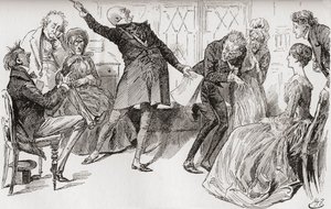 Mr. Micawber saavuttaa Heepin kaatumisen. "Sillä voitokkaalla kukoistamisella, jolla herra Micawber luovutti sanojaan, oli voimakas vaikutus hälyttämään äitiä, joka huusi suuressa kiihtyneisyydessä: "Ury! Ury! Ole ujo ja sovi, kultaseni!" Illu tekijältä Harry Furniss