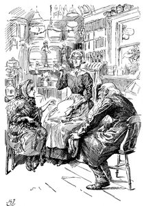 Mr Riah ja neiti Wren Six Jolly Fellowship Portersissa, 1912 tekijältä Harry Furniss