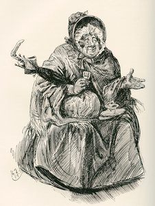 Rouva Gamp. Harry Furnissin kuvitus Charles Dickensin romaanille Martin Chuzzlewit The Testimonial Editionista, julkaistu 1910. tekijältä Harry Furniss