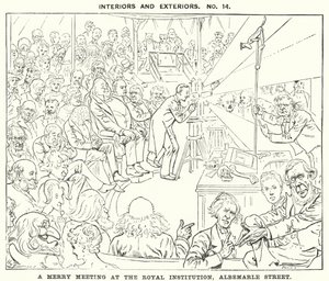 Punch-sarjakuva: Iloinen tapaaminen Royal Institutionissa, Albemarle Street, Lontoo (kaiverrus) tekijältä Harry Furniss