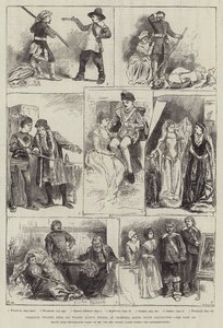 Tableaux Vivants Sir Walter Scottin romaaneista Cromwell Housessa, South Kensingtonissa tekijältä Harry Furniss
