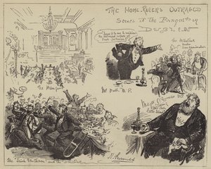 The Home-Rulers Outraged, kohtaukset juhlissa Dublinissa tekijältä Harry Furniss