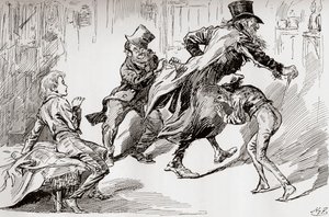 Varkaiden keittiö. Oliverille näytetään, miten se tehdään, kuvitus Charles Dickensin teoksesta "Oliver Twist", The Testimonial Edition, julkaistu 1910. tekijältä Harry Furniss