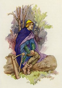 Istuessaan nuorukainen lauloi surumielisen laulun (väriliitossa). tekijältä Harry George Theaker