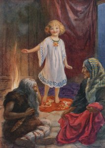 Aslaug, Aki ja Grima, elokuvasta "Ragnar Lodbrog" (värilitografia). tekijältä Harry George Theaker