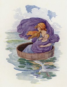 Danae ja hänen pieni poikansa purjehtivat pois (värilitografia). tekijältä Harry George Theaker