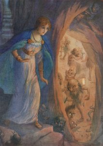 Freyja kääpiöiden luolassa, sarjasta "Freyjan kaulakoru" (värilitografia) tekijältä Harry George Theaker