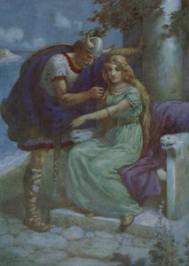 Frithiof ja Ingeborg, elokuvasta "Kuningas Ringin puku" (värilitografia). tekijältä Harry George Theaker